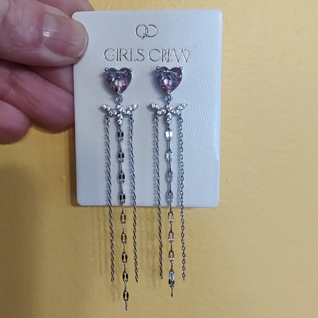 Girls Crew Heart And Dragonfly Dangle Earrings- Rhodium Plated Silver 16$